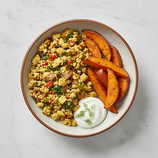 Tofu Scramble Hash with Sweet Potato Wedges